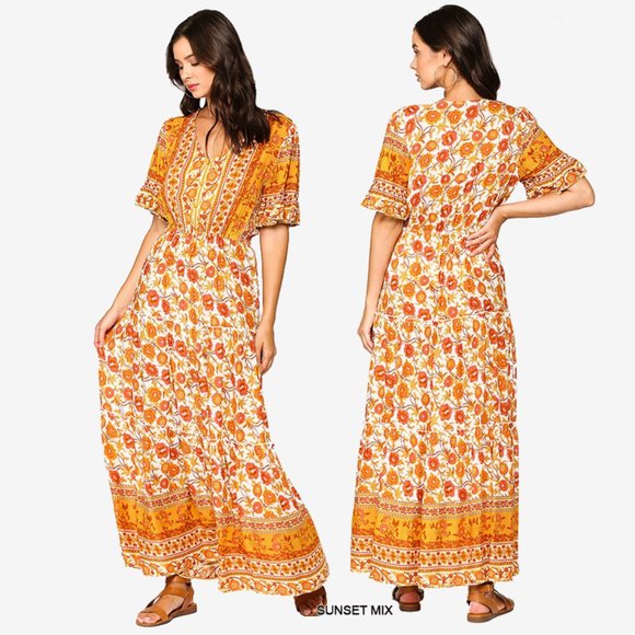 Gigio Dresses & Skirts - Gigio Floral Print Maxi Dress • NWT • Tiered Ruffles • Button Down • Boho Orange